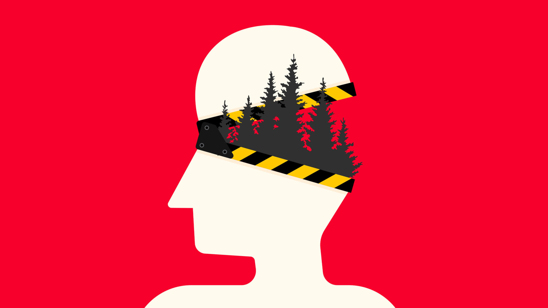 En grafisk filmaffisch som visar en vit siluett av en människofigur mot röd bakgrund. Figurens huvud öppnas som en klaffbräda. Ränderna på klaffbrädan är målade i uppmärksamhetsfärger. Inne i huvudet växer skog.