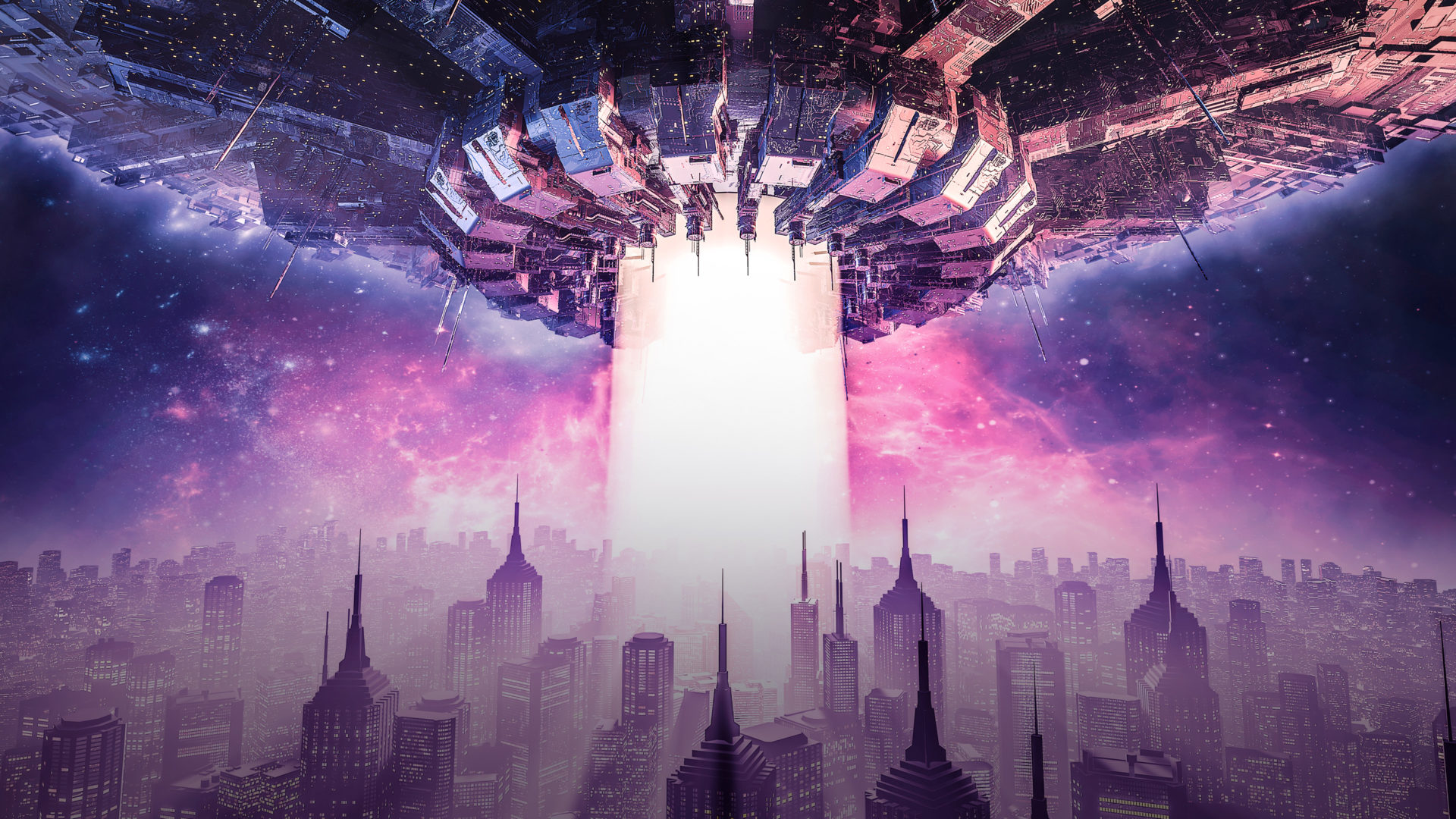 A film poster depicting a spaceship hovering over a city. A big beam of light shoots out of the ship.